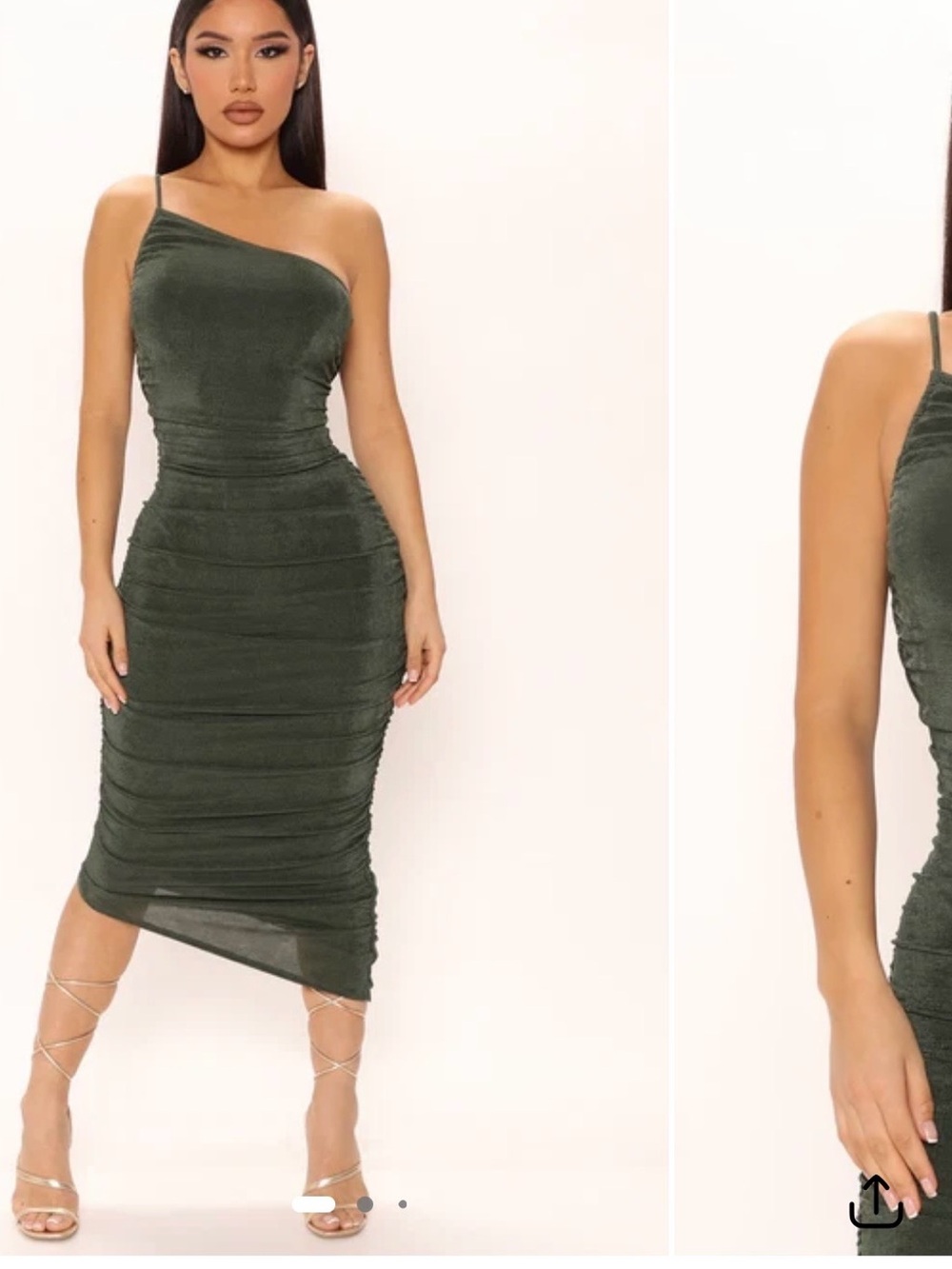 Fashion Nova One-Shoulder Ruched Midi Dress in Olive